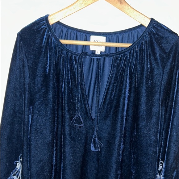 MISA Los Angeles Luca Navy Blue Velvet Embroidered Sleeve Shift Dress Size L - Picture 7 of 11